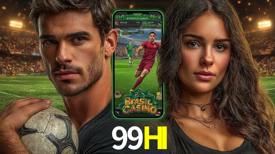 Homem segurando uma bola de futebol e uma mulher ao lado de um smartphone exibindo o jogo de apostas esportivas da 99HI. Faça seu palpite no cassino online.